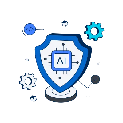Illustration of a protective shield around an AI processor, with configuration and code elements around it