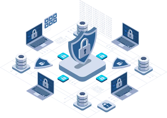 Isometric illustration of a layered security architecture protecting network and data infrastructure