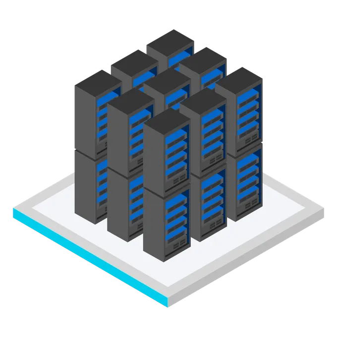Isometric illustration of connected servers, workstations, and cloud services under active monitoring